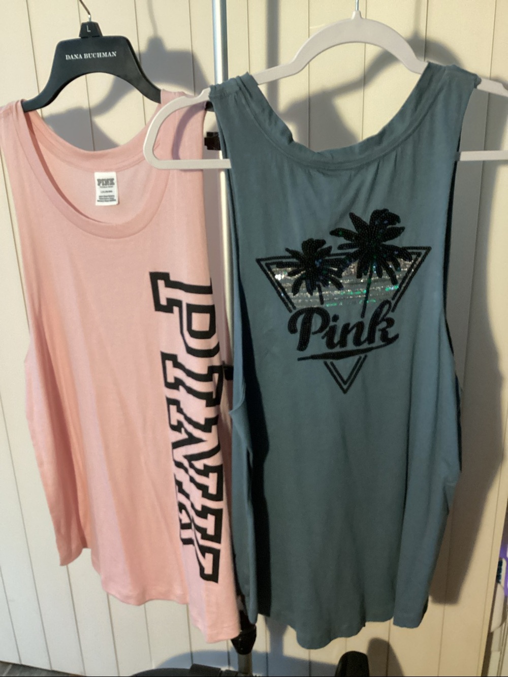 Lot of (2) PINK Victoria's Secret Women’s Pink & Slate Graphic Tank Tops - NWOT!